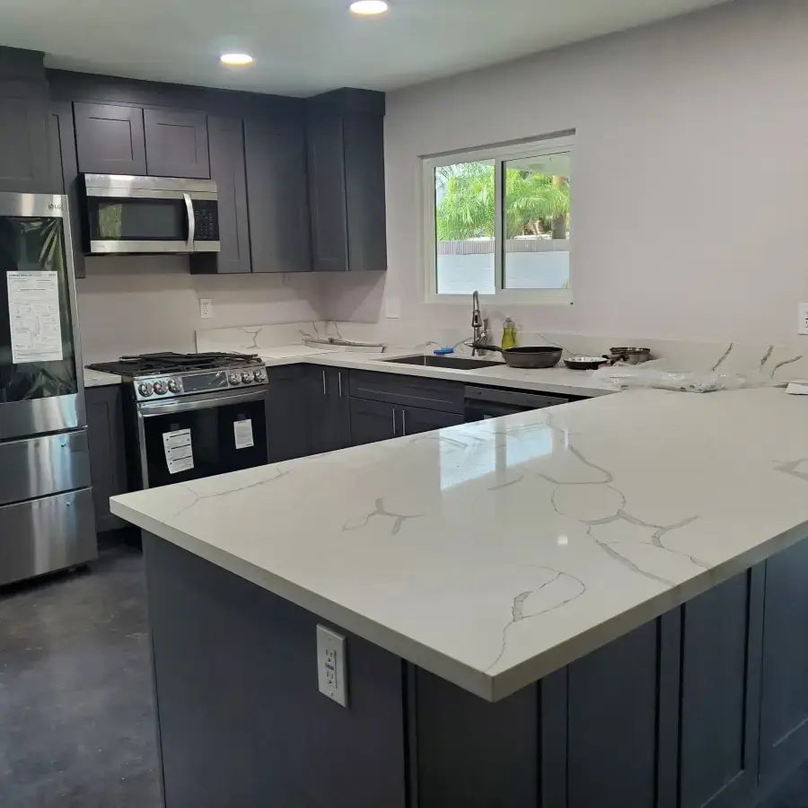 Modern kitchen with marble countertop and appliances